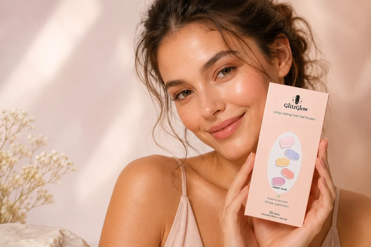 GlitzGlow model holding semi-cured gel nails